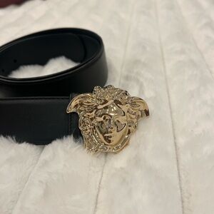 Versace Black Leather Belt with Gold Medusa Emblem